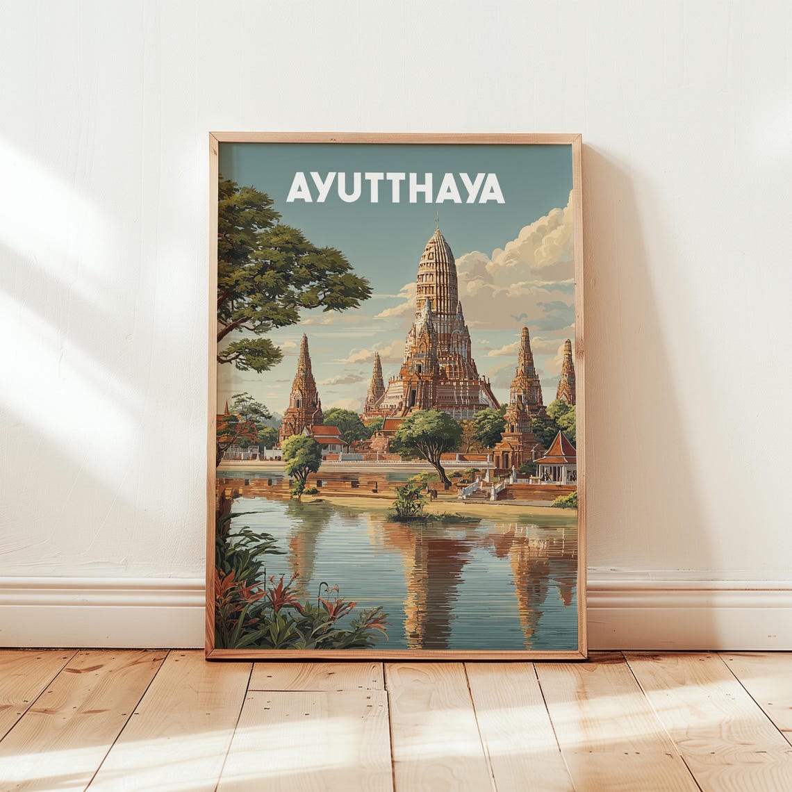 Ayutthaya Thailand Ancient Temple Ruins Vintage Travel Art Poster