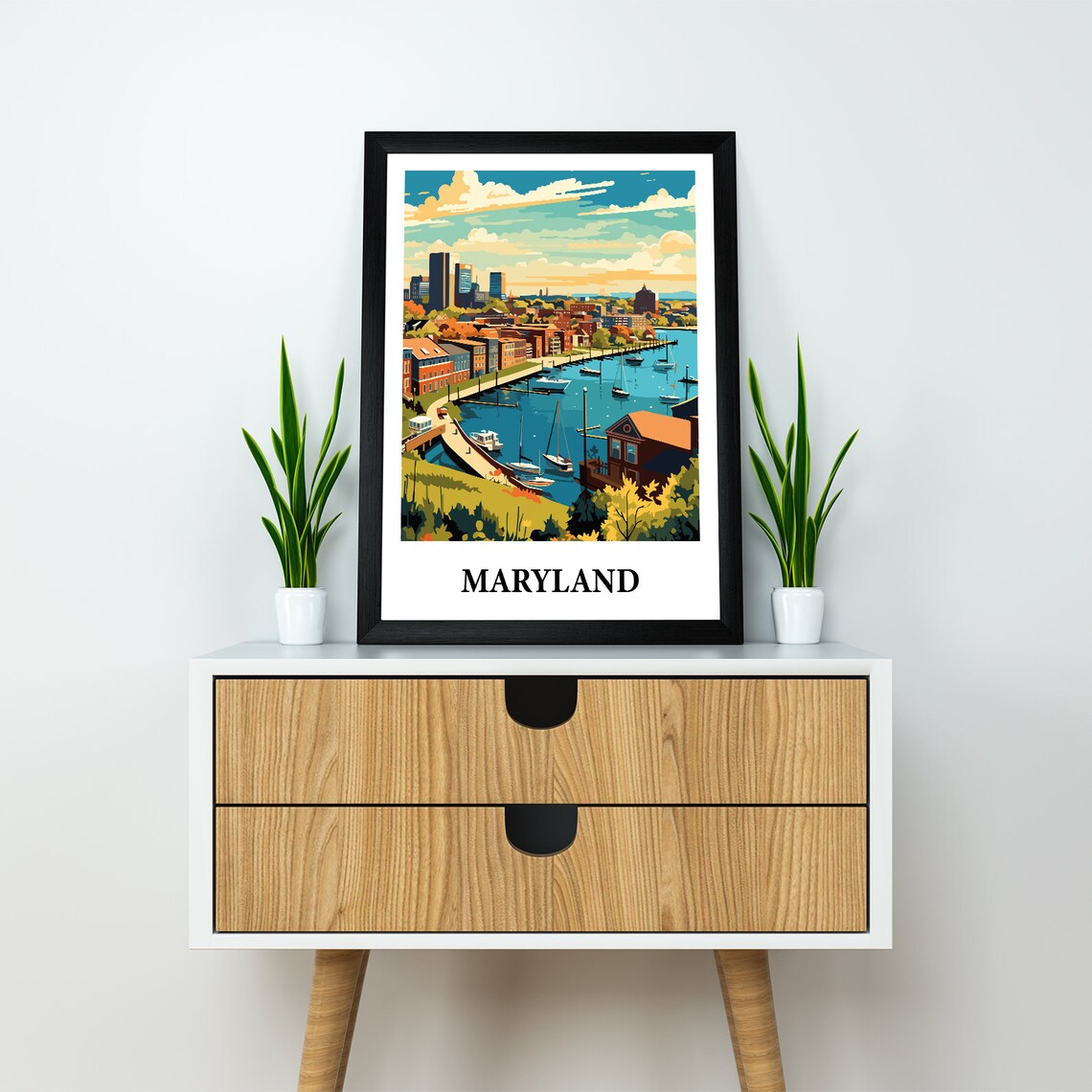 Maryland Harbor Sailboats Skyline Vintage Style Travel Art Poster - Image 2