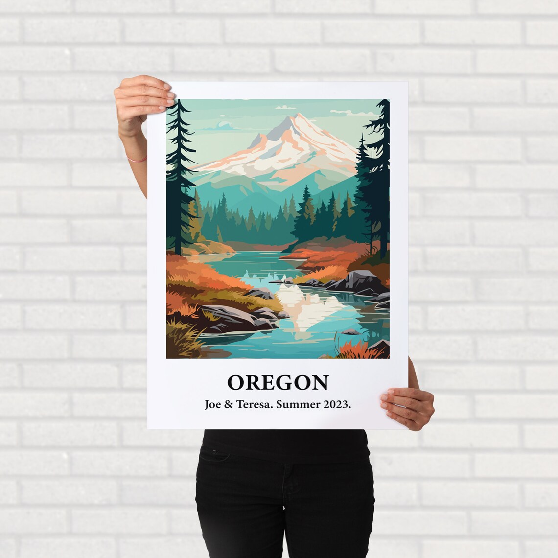 Oregon Mountain Lake Pine Forest Vintage Style Travel Art Poster