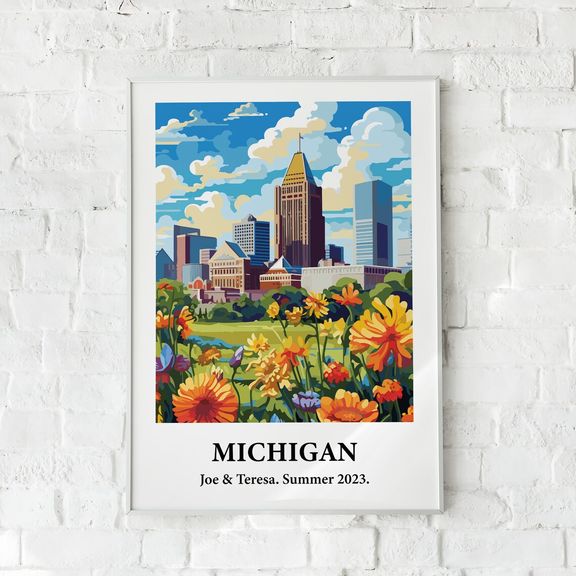 Michigan Skyline Wildflowers Vintage Style Travel Art Poster