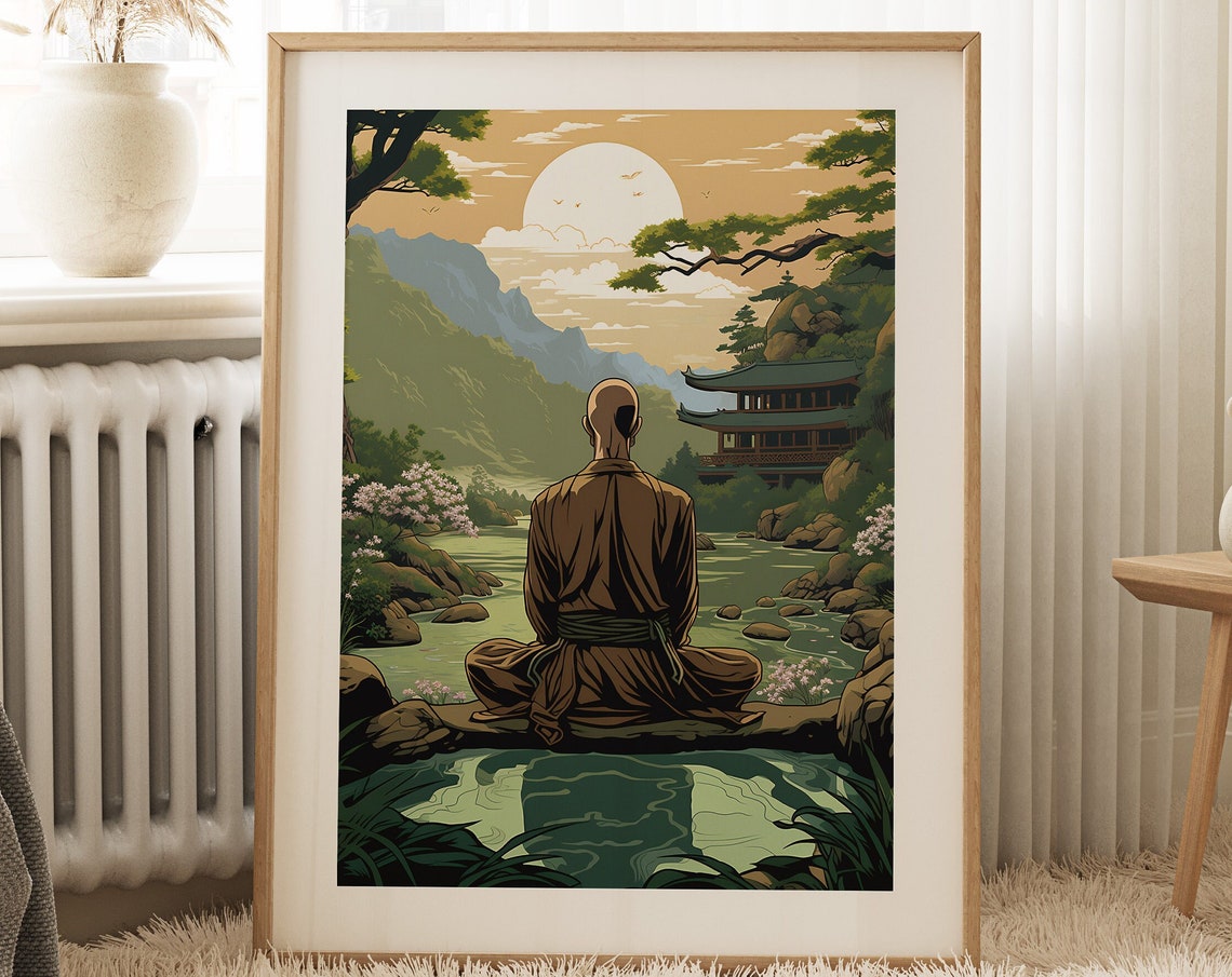 Zen Wall Art Meditating Monk In Ukiyoe Style