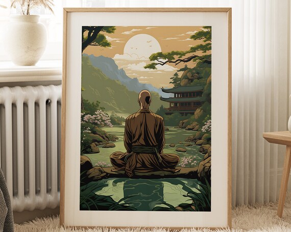 Zen Wall Art Meditating Monk In Ukiyoe Style