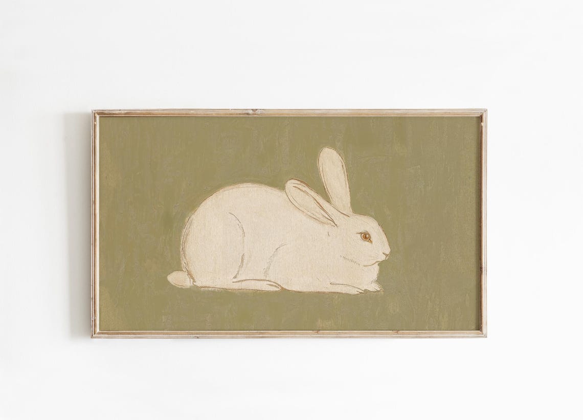 Frame TV Art White Bunny Rabbit Sage Green Modern Vintage Poster