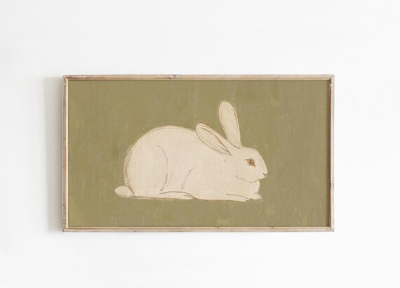 Frame TV Art White Bunny Rabbit Sage Green Modern Vintage Poster