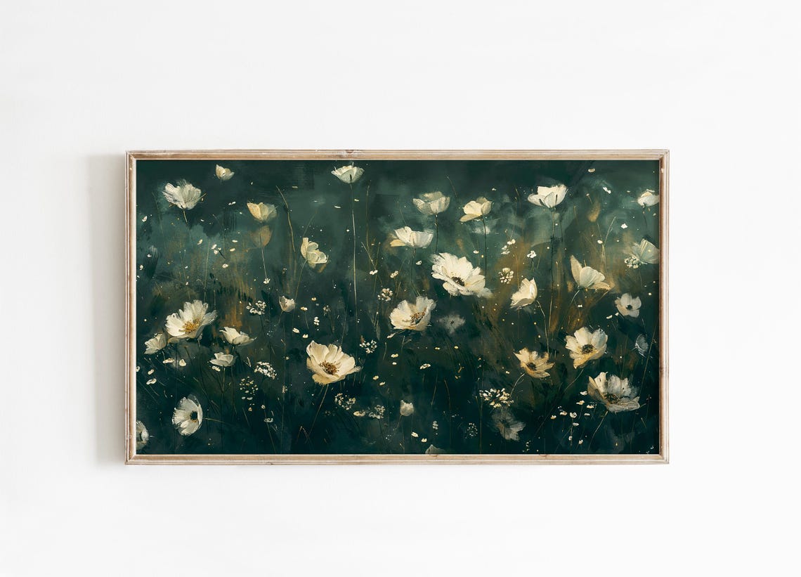 White Cosmos Wildflowers Dark Green Meadow Night Floral Poster - Image 3