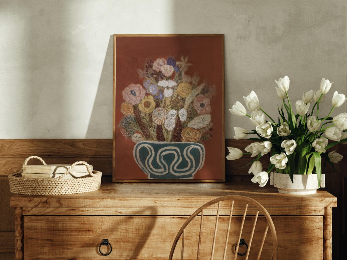 Wildflower Bouquet Teal Vase Rust Backdrop Vintage Still Life Poster - Image 3