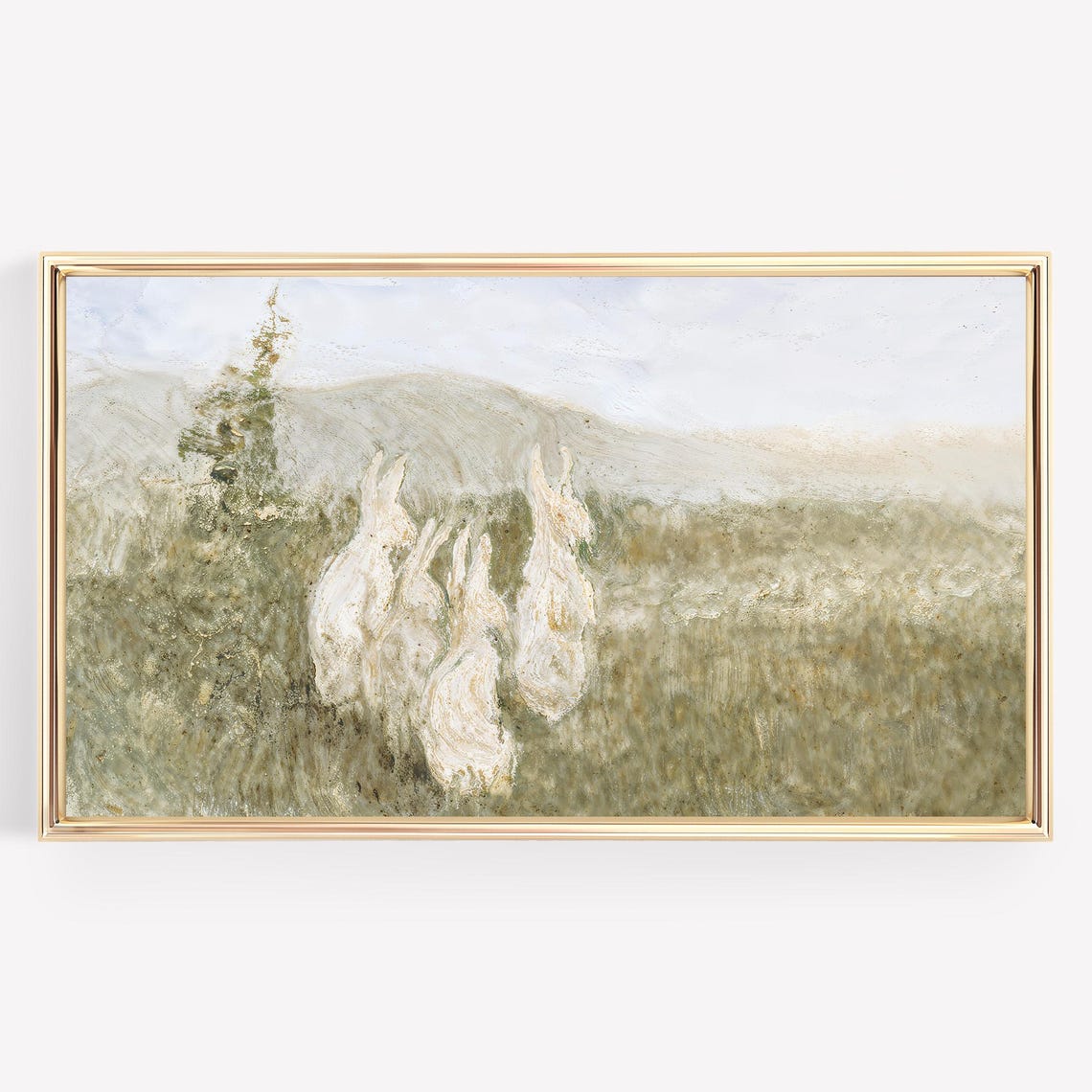 White Bunnies Abstract Textured Rabbits Neutral Field Painting Poster - Image 2