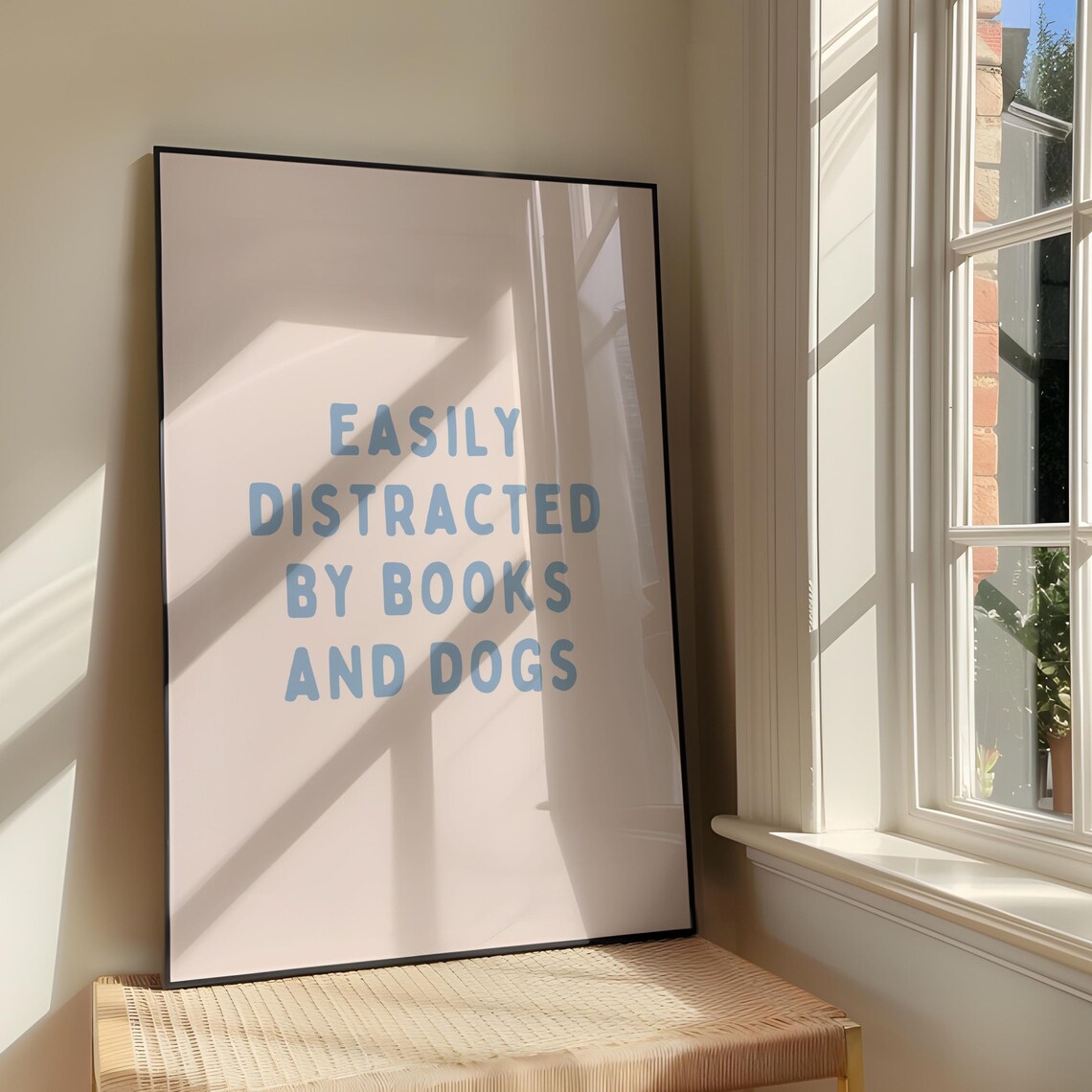 Easily Distracted By Books And Dogs Funny Blue Bookish Quote Poster