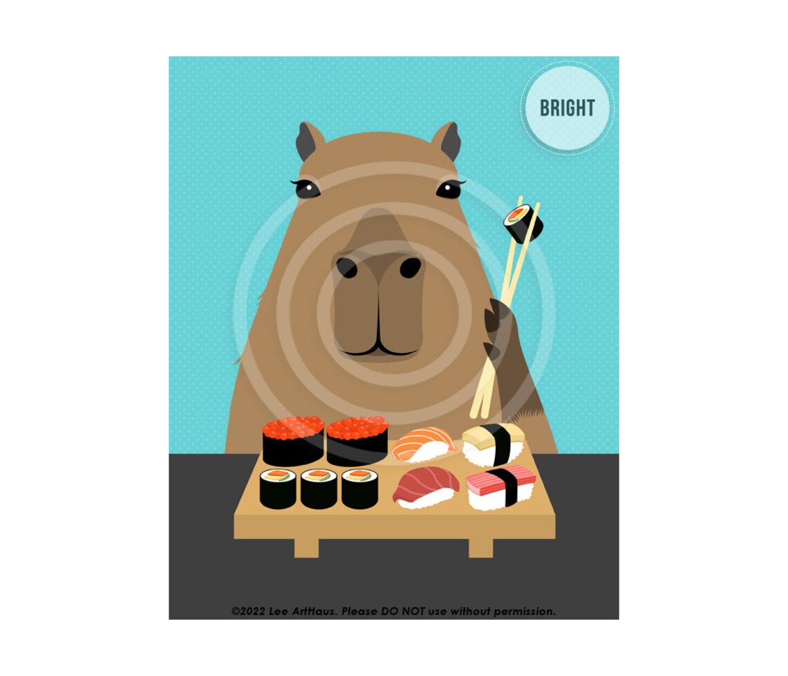 Capybara Eating Sushi With Chopsticks Funny Animal Cartoon Art Poster - Image 3