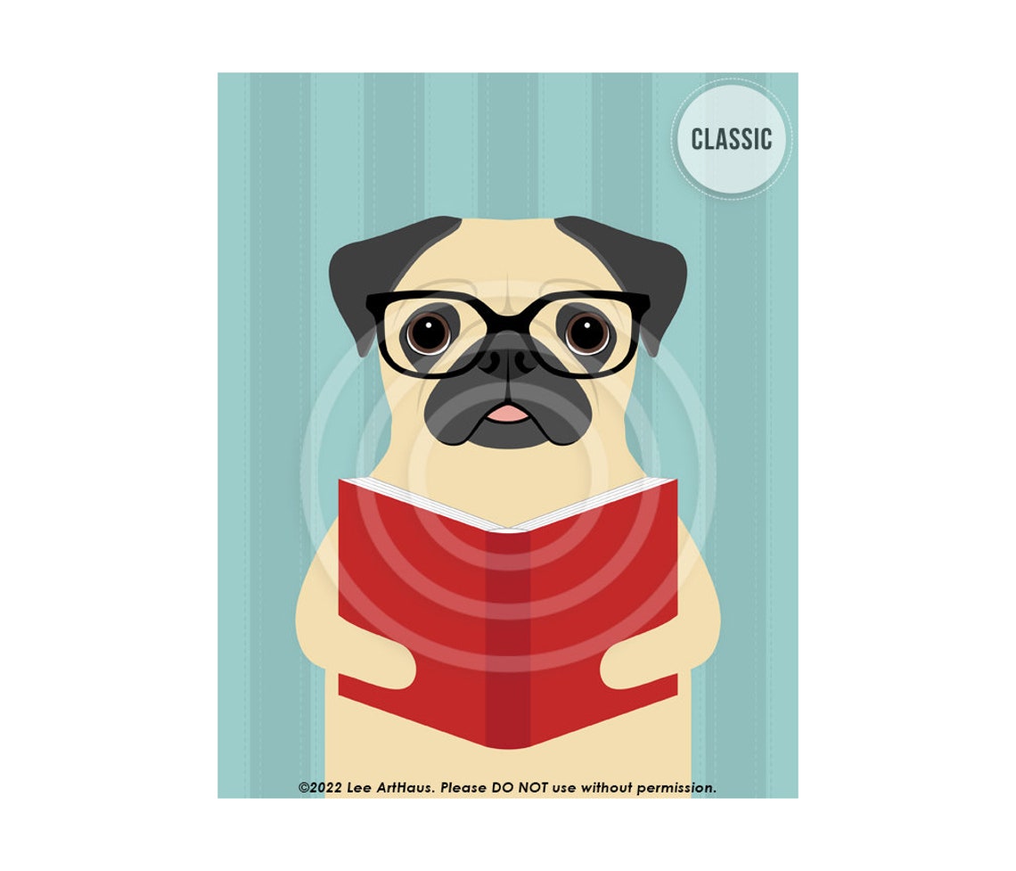 Fawn Pug Wearing Glasses Reading a Red Book Funny Dog Poster