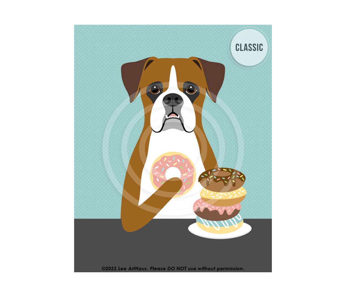 Brown Boxer Dog Eating Donuts Stack Fun Kitchen Decor Wall Art Poster