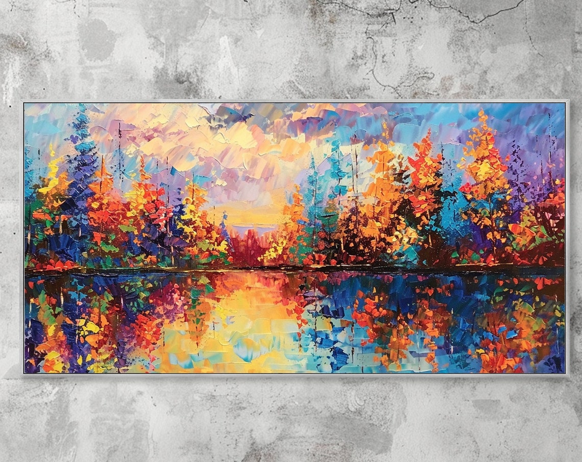 Colorful Autumn Lakeside Reflection Sunset Palette Knife Art Poster