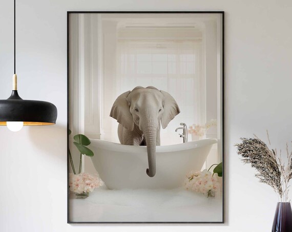 Elephant Resting Its Trunk Over A Flowered White Bathtub Poster
