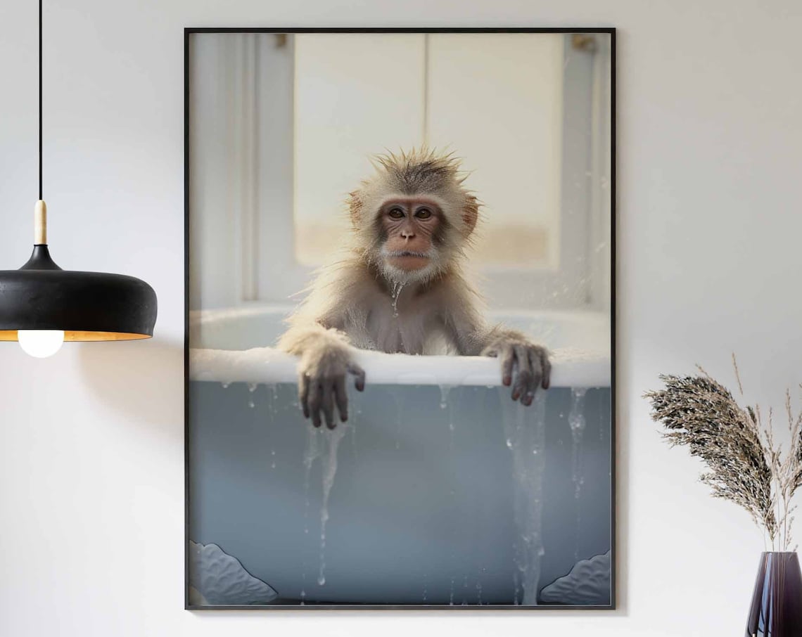 Wet Baby Monkey Draped Over A Blue Bathtub Edge Close Up Poster