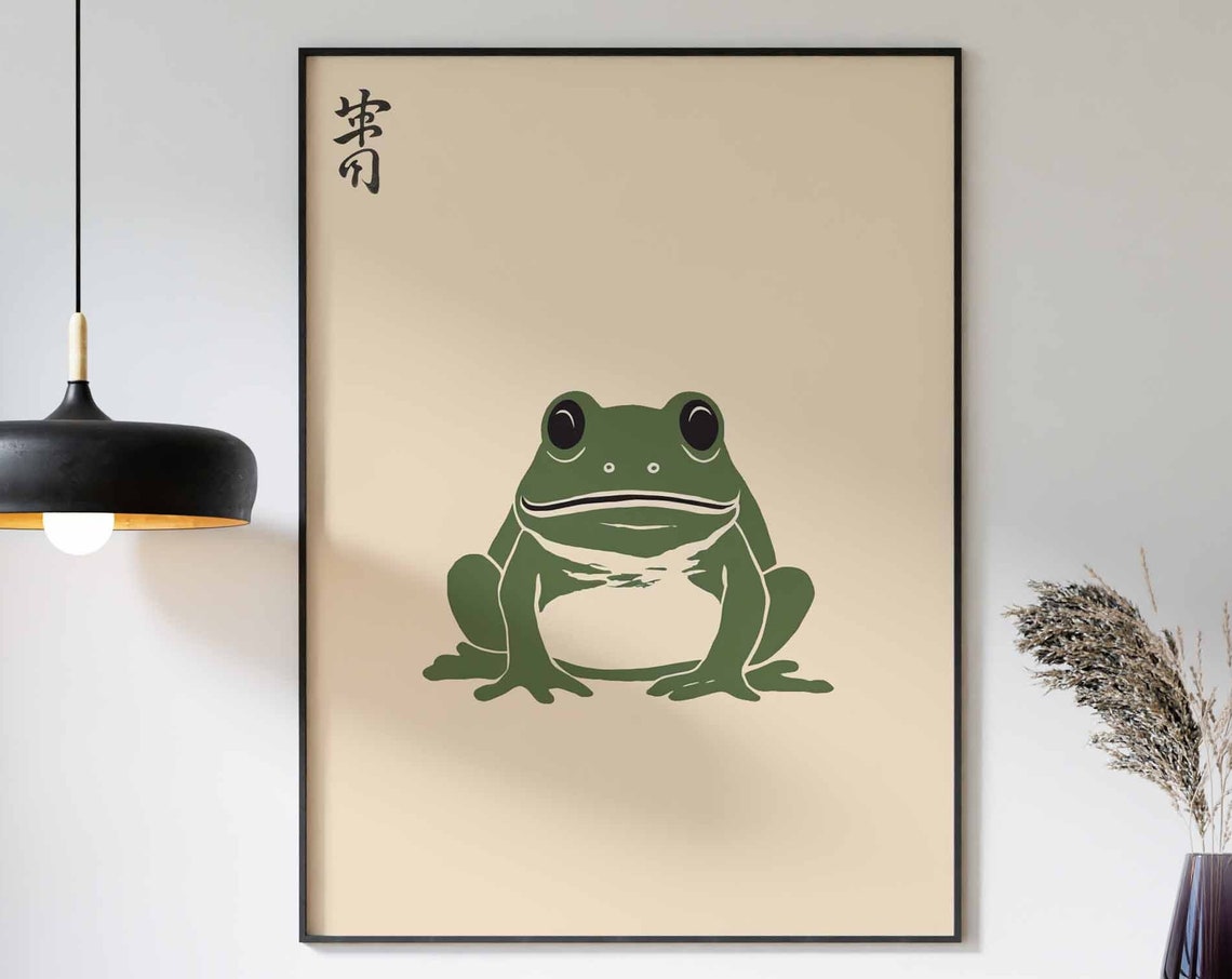 Japanese Frog Woodblock Style Classic Green Frog Kanji Stamp Poster