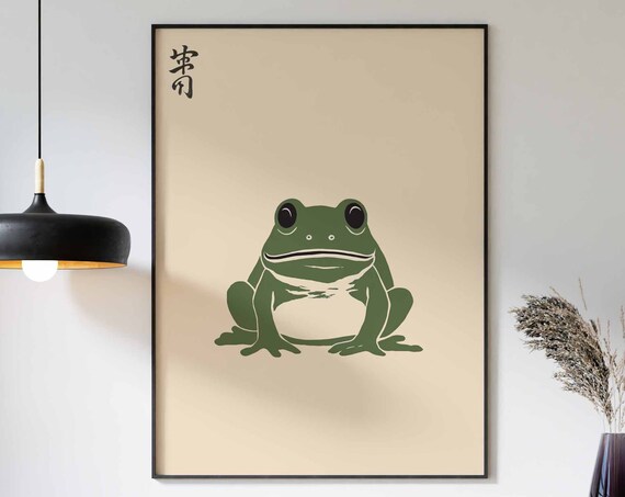 Japanese Frog Woodblock Style Classic Green Frog Kanji Stamp Poster