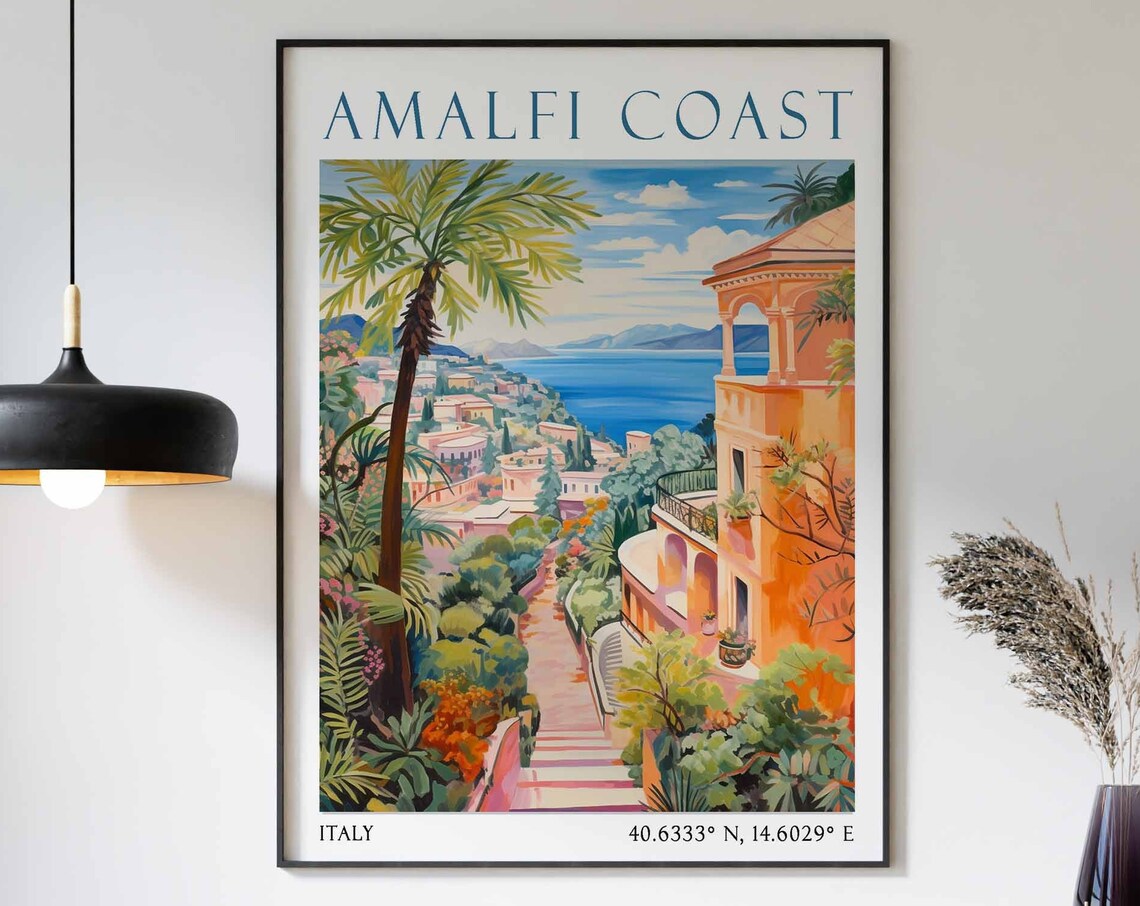 Amalfi Coast Italy Travel Poster with Palm Trees and Seaside Stairs