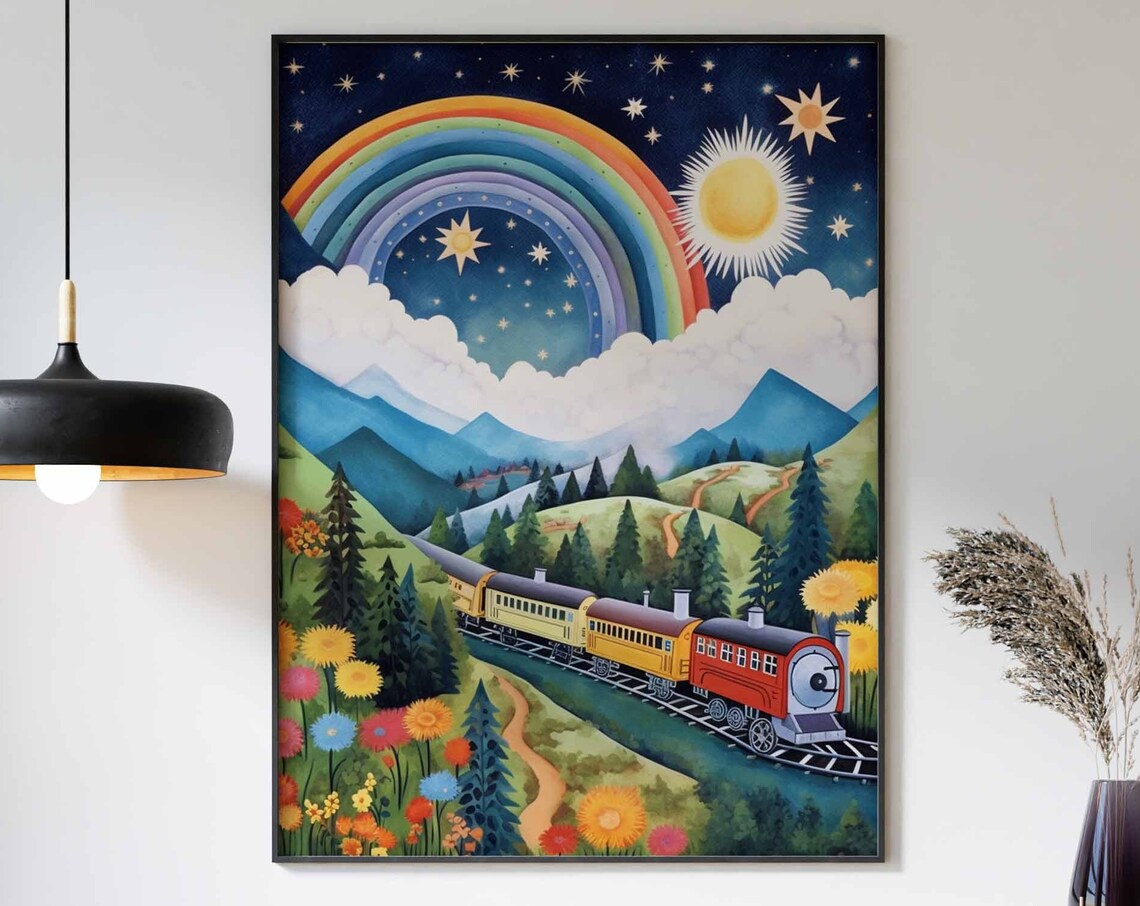 Colorful Steam Train Rainbow Starry Night Wildflowers Poster