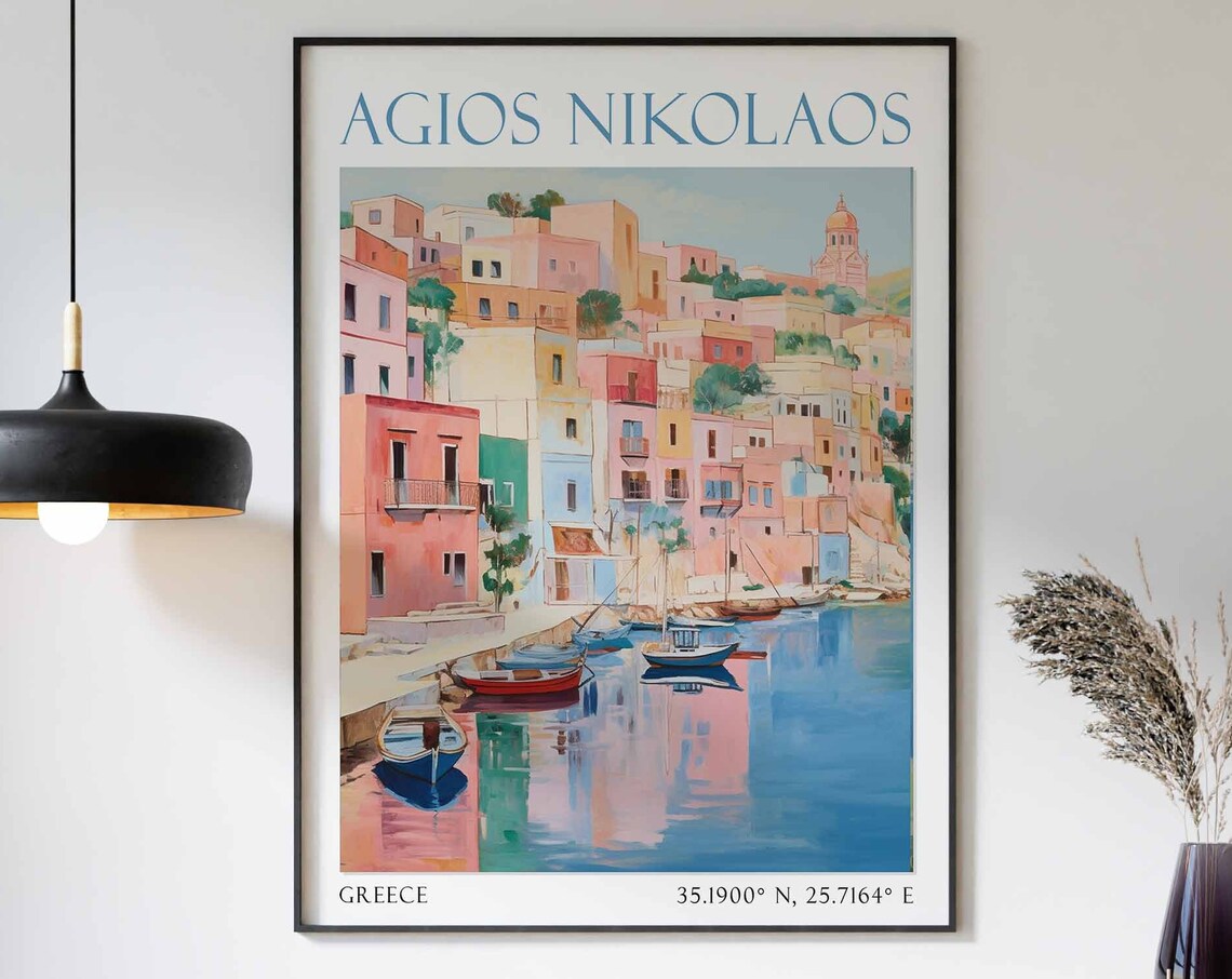 Agios Nikolaos Crete Greece Pastel Harbor Village Waterfront Poster