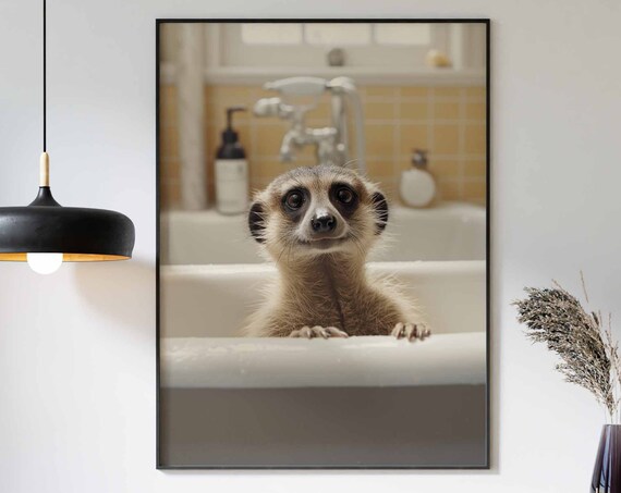 Meerkat In Tub Wall Art Meerkat Art Bathroom Art Print Funny Bathroom Wall Art Meerkat Bathing Animal In Bathtub