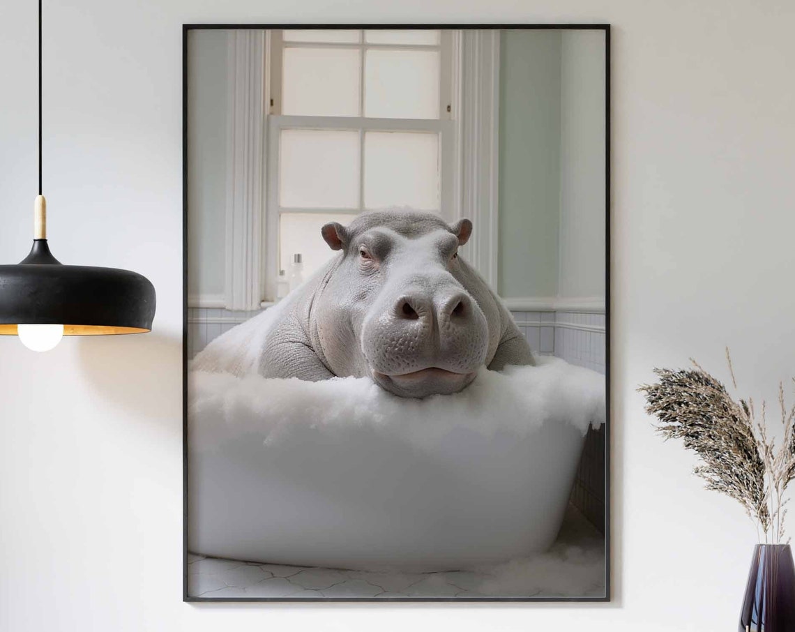 Sleepy Hippo Resting Its Chin On Thick White Bath Bubbles Poster
