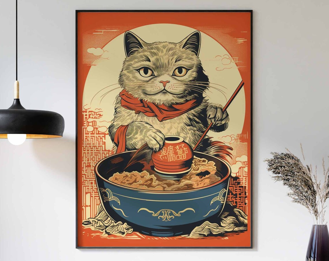 Japanese Cat Cooking Ramen Pot Vintage Ukiyo-E Chef Gift Poster