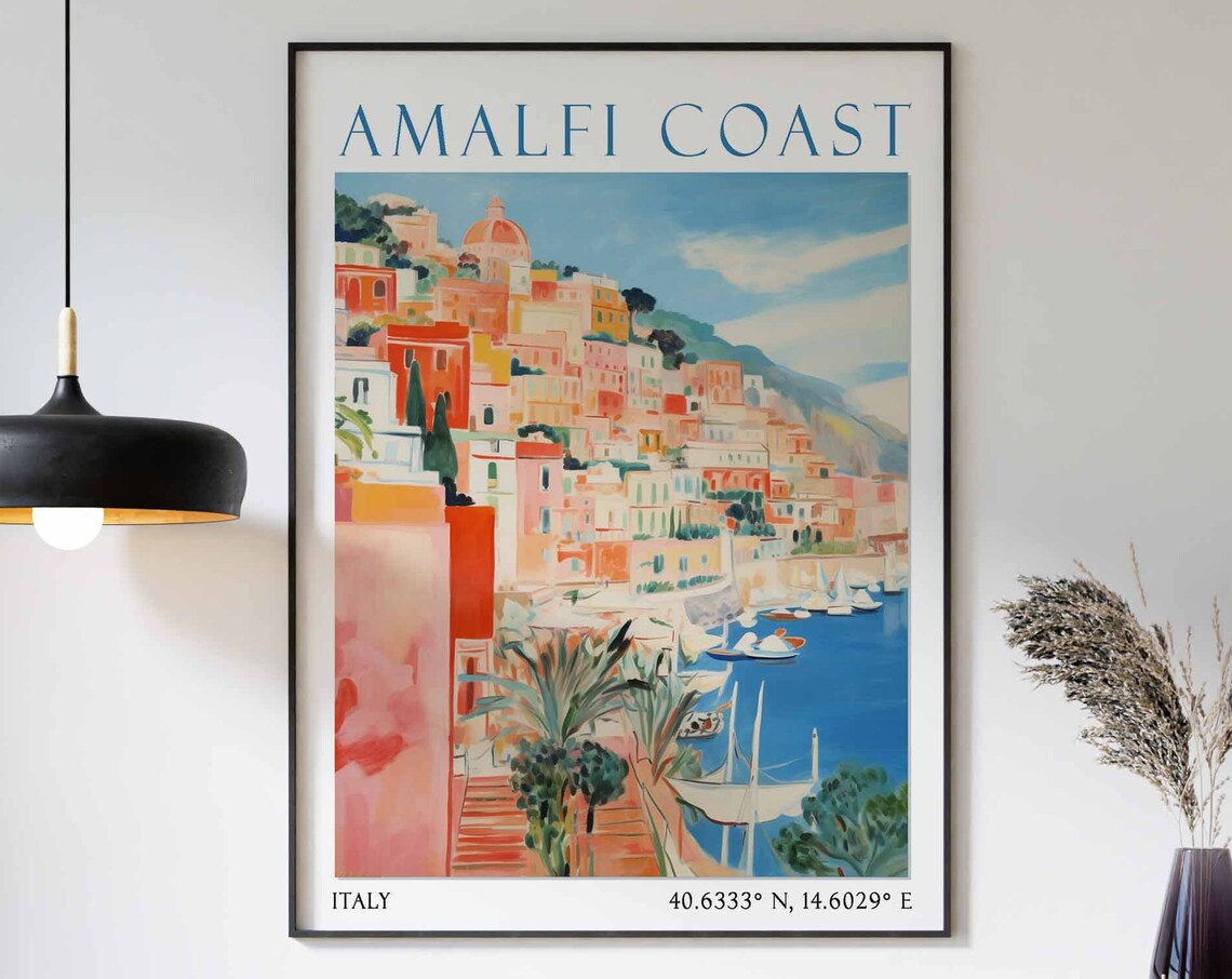 Amalfi Coast Italy Retro Travel Poster with Harbor and Sailboats