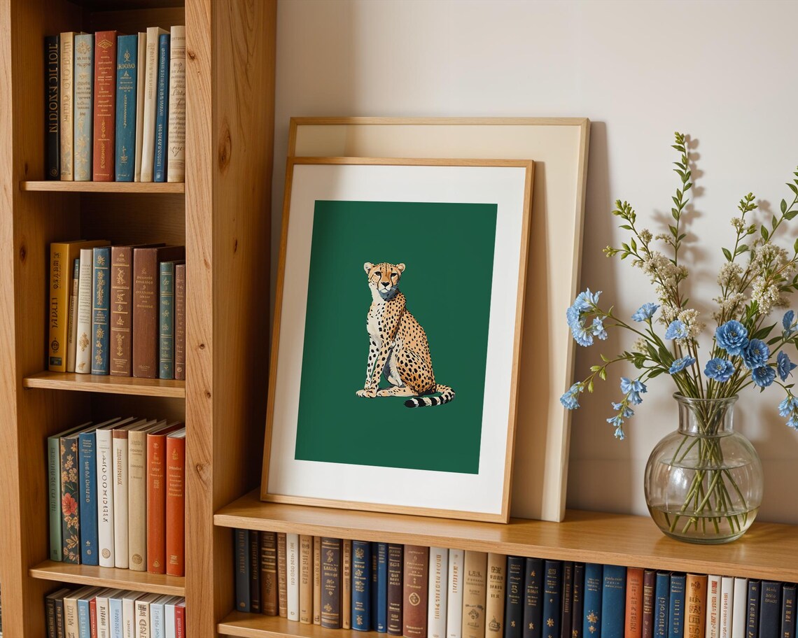 Elegant Sitting Cheetah On Emerald Green Safari Animal Poster - Image 2