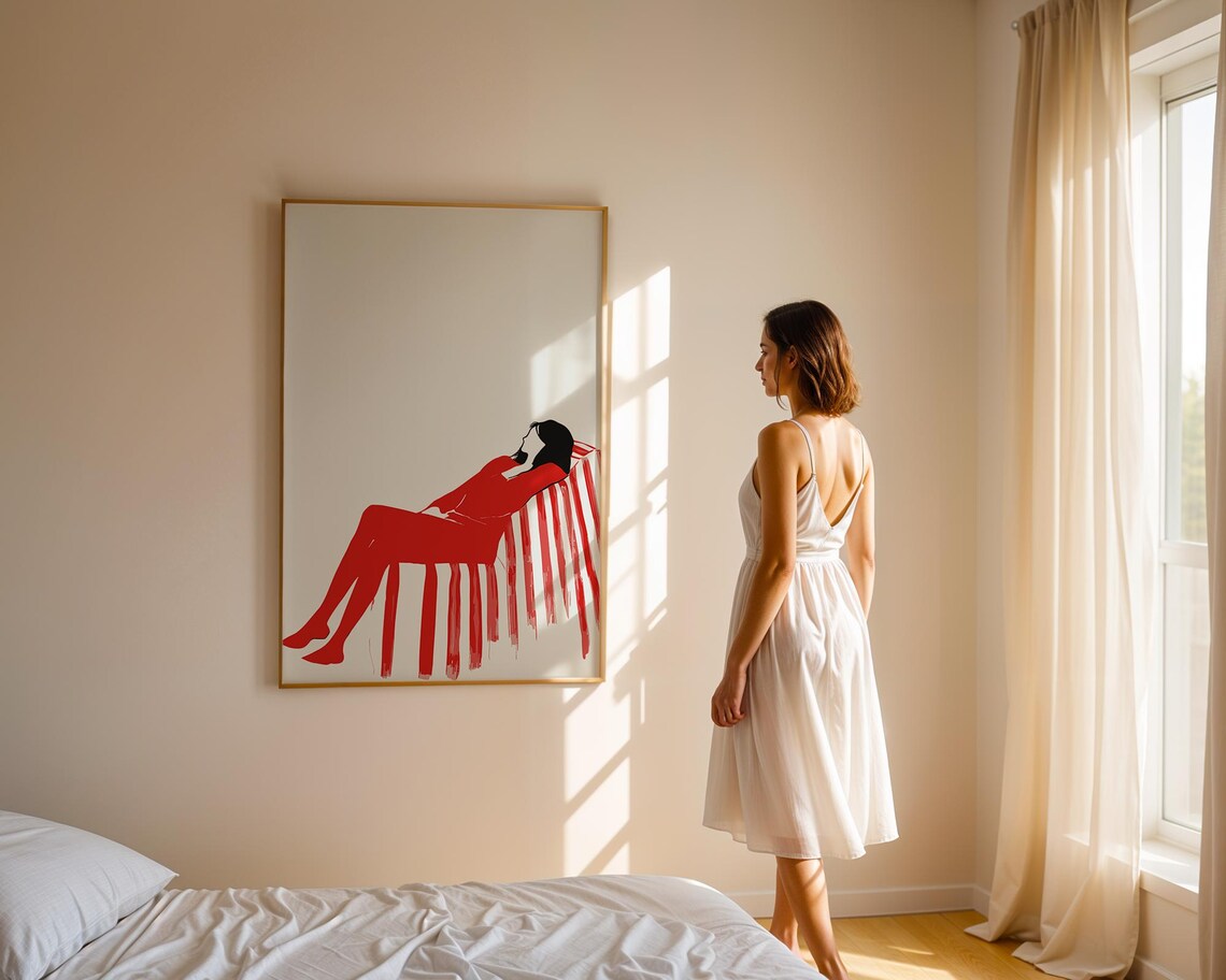 Elegant Woman In Red Dress Reclining Mid Century Modern Poster - Image 3