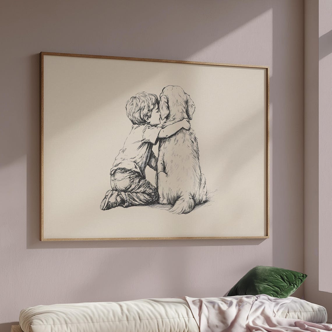 Golden Retriever And Boy Nursery Print Dog Nursery Art Kids Room Retro Poster Dog Sketch Art Neutral Dog Drawing Boys Room Decor - Image 2
