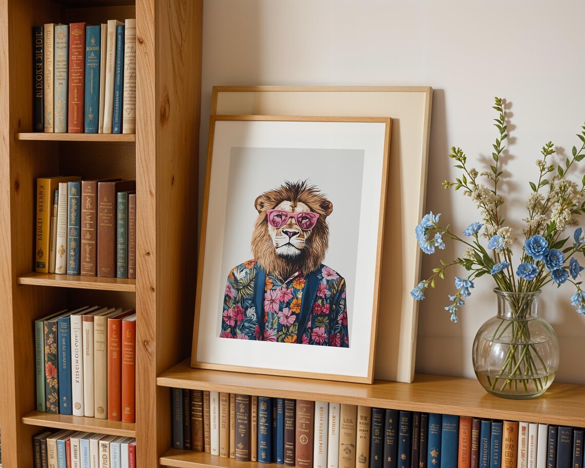 Playful Lion In Pink Sunglasses Wearing Floral Shirt Animal Poster - Image 2