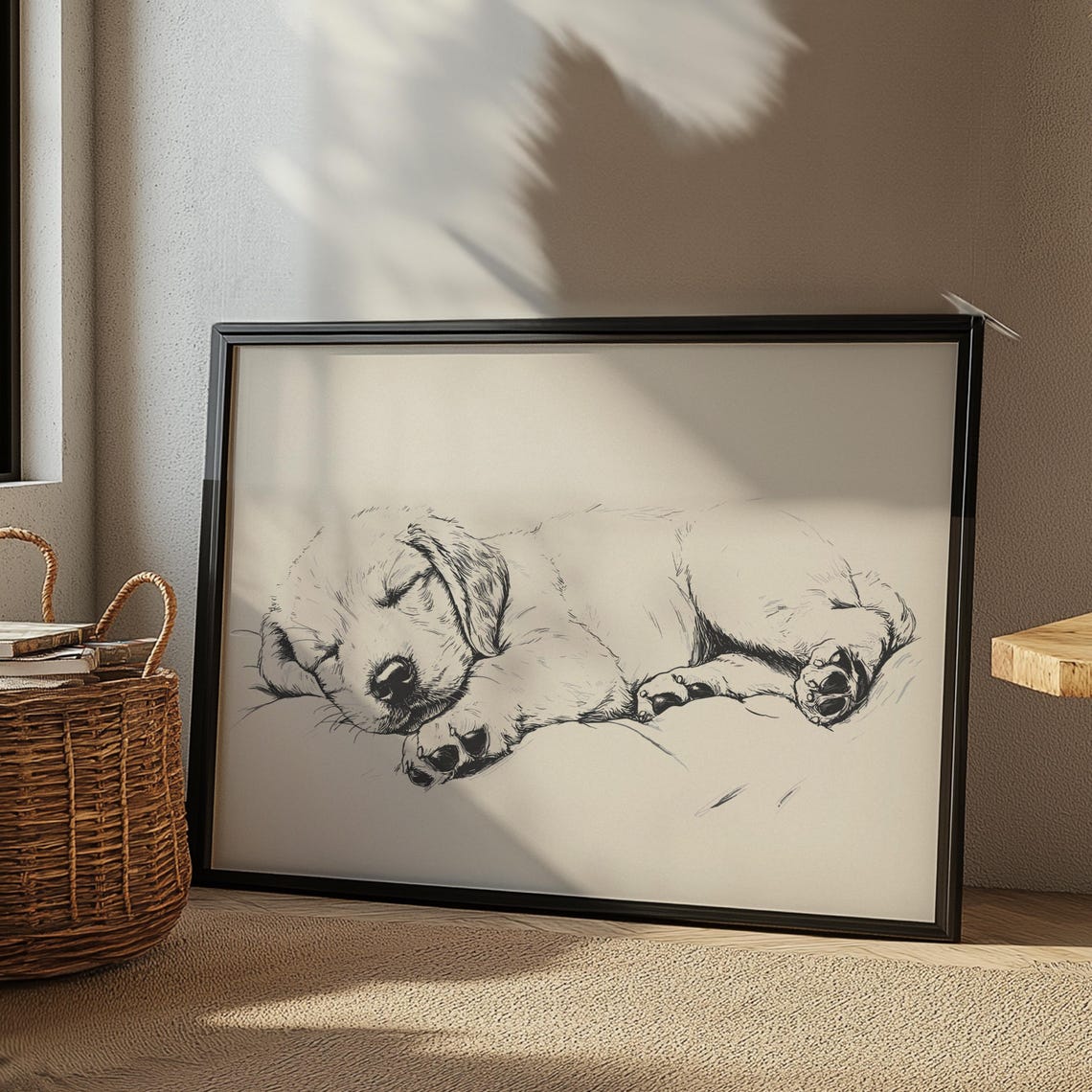 Golden Retriever Puppy Drawing Dog Print Sleeping Dog Wall Art Antique Vintage Painting Country Wall Art Dog Sketch Dog Illustration - Image 3
