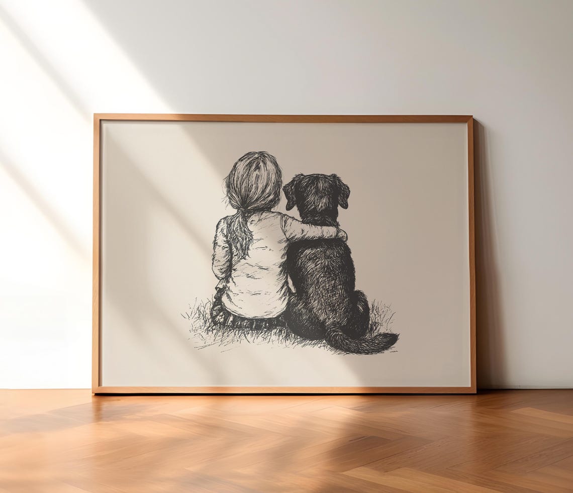 Girl And Labrador Retriever Nursery Poster Dog Vintage Print Girls Nursery Art Retro Dog Drawing Dog Art Sketch Baby Room Wall Decor - Image 3