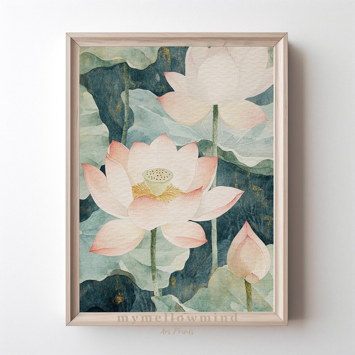 Lotus Flowers Watercolor Pale Pink Blossom Teal Background Poster