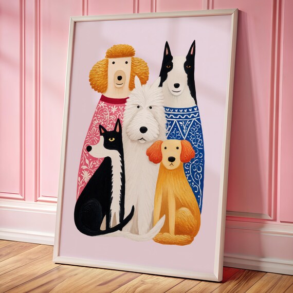 Colorful Dog Portrait Whimsical Print Family Wall Art Modern Pet Illustration Gift For Lover Or Kids Room Decor