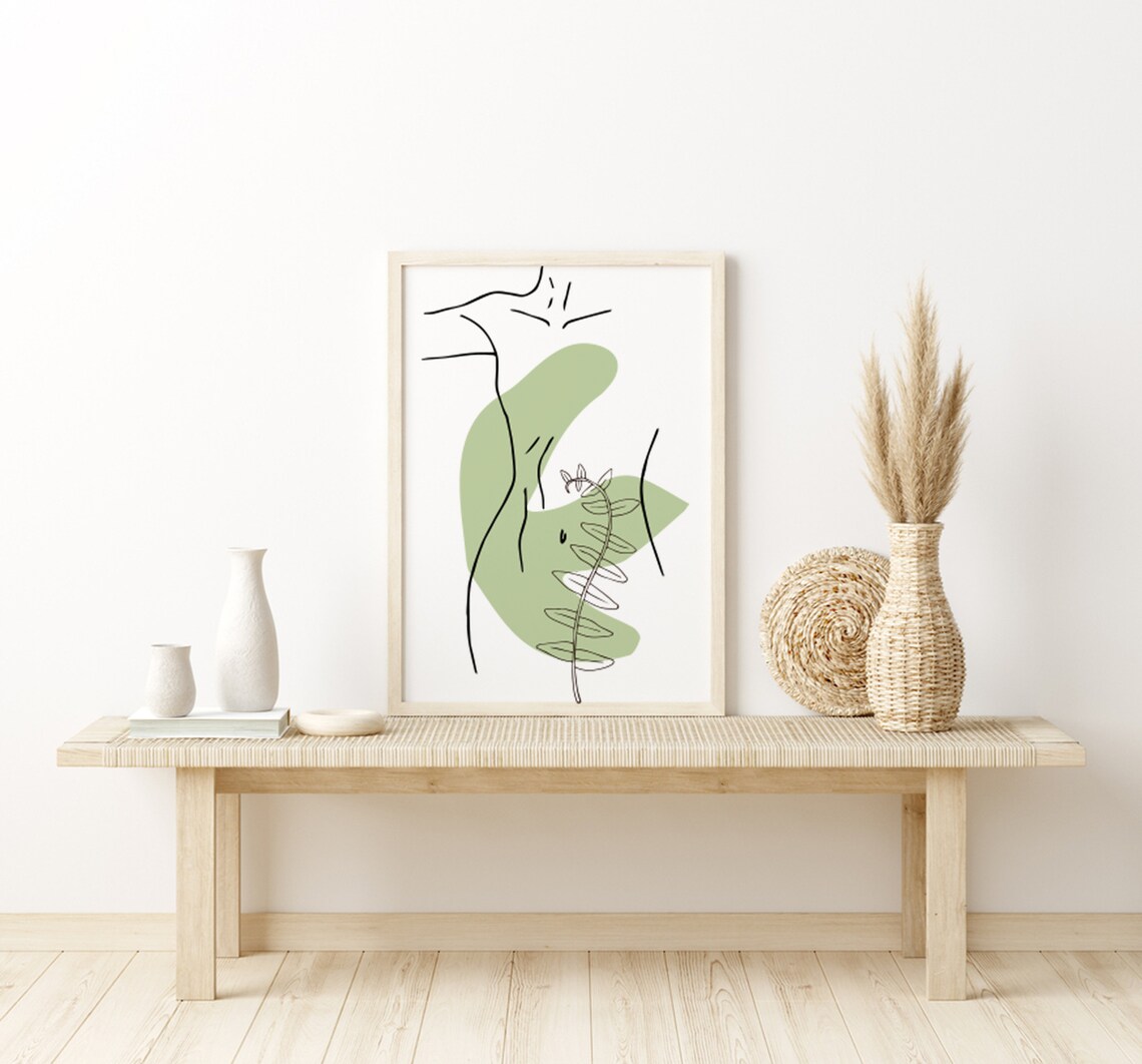 Abstract Female Body Line Art with Sage Botanical Accents Poster - Image 3