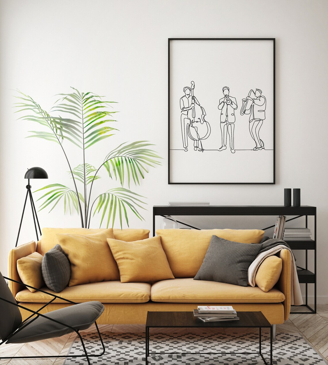 One Line Jazz Musicians Trio Black White Minimalist Music Poster - Image 2