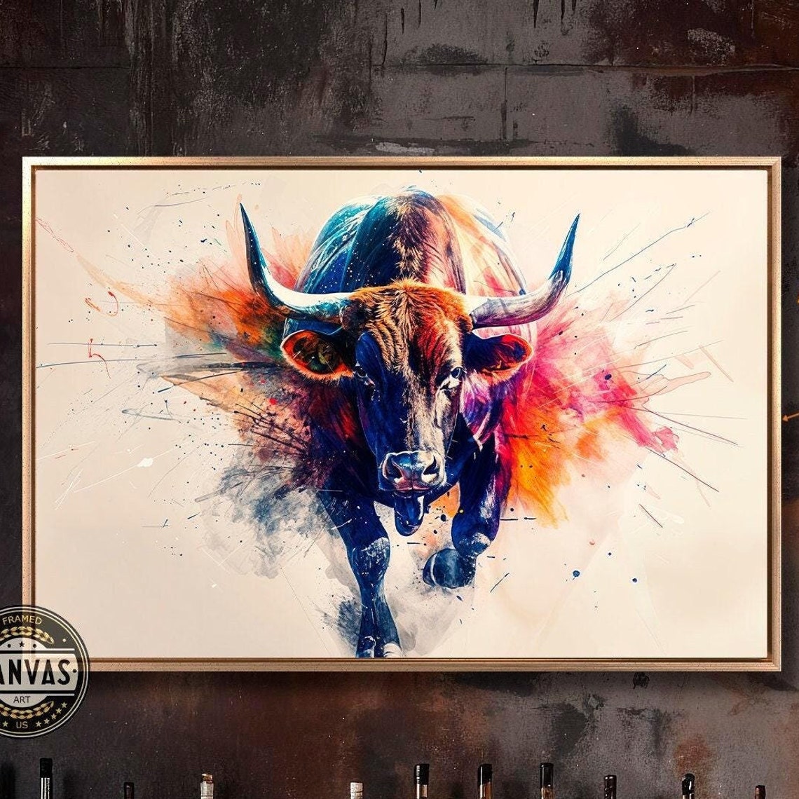 Charging Bull Colorful Watercolor Splashes Dynamic Art Print