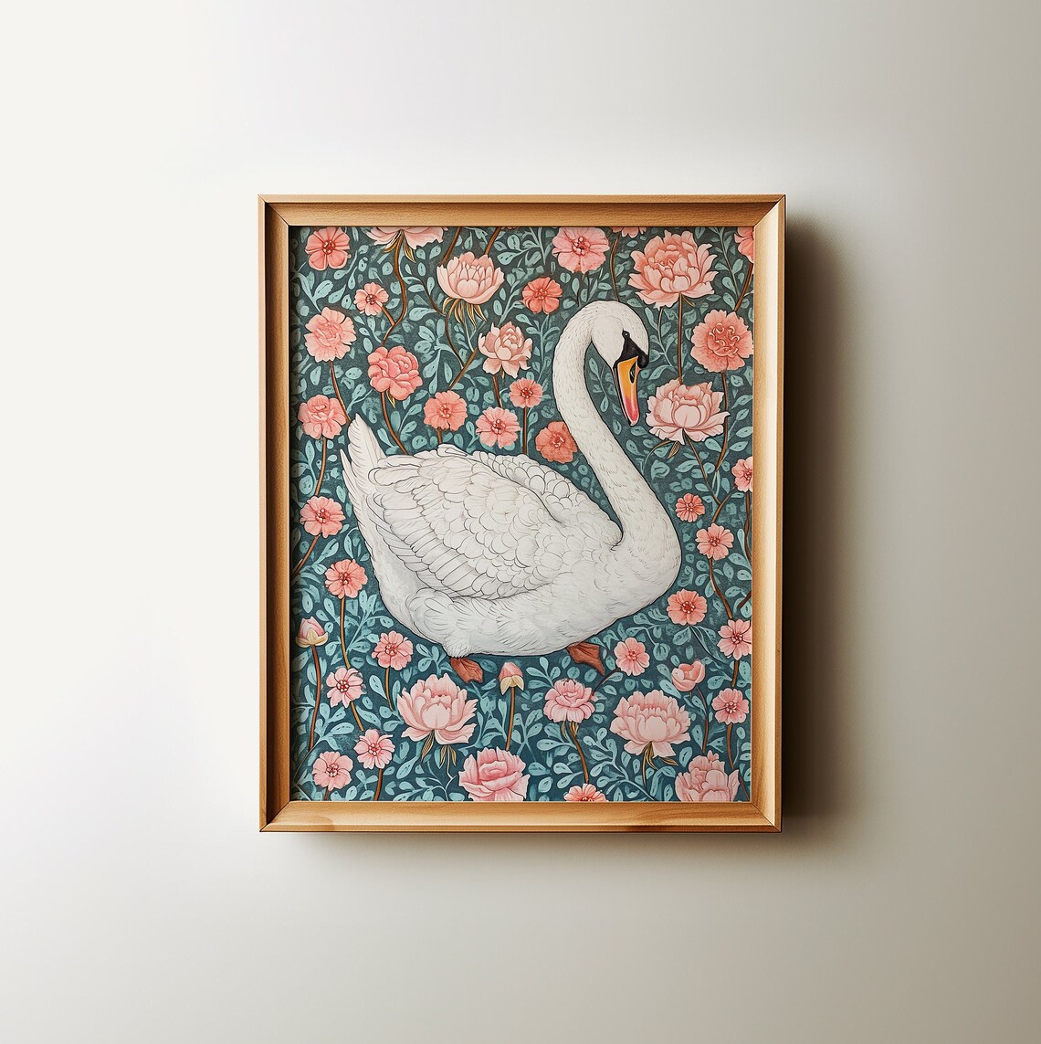Elegant White Swan Among Pink Peonies Teal Floral Art Poster