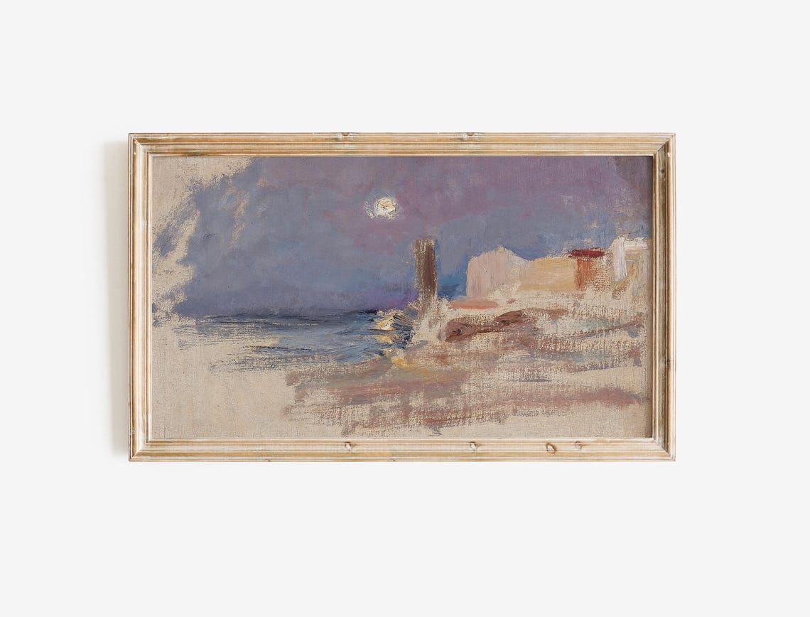 Moonlit Coastal Town Evening Impressionist Seascape Painting Poster - Image 3
