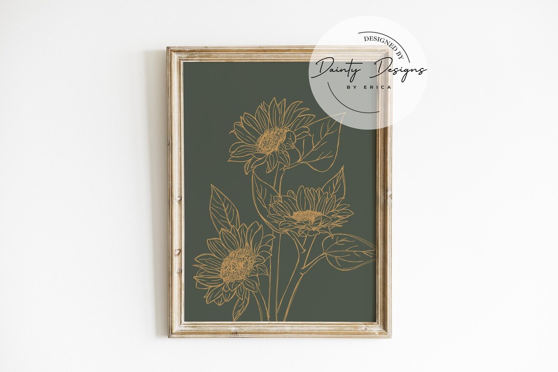 Gold Line Sunflowers Poster Dark Green Floral Botanical Decor