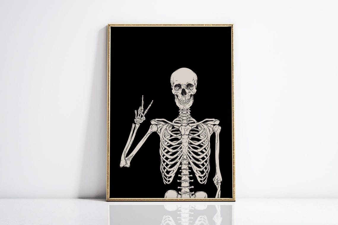 Funny Peace Sign Skeleton Halloween Black Background Art Poster