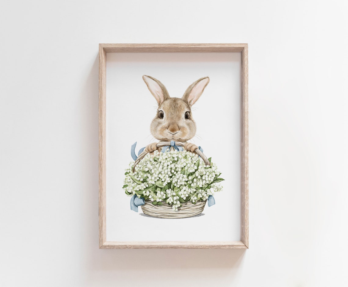 Easter Bunny Watercolor Basket of White Spring Flowers Wall Print - Image 3