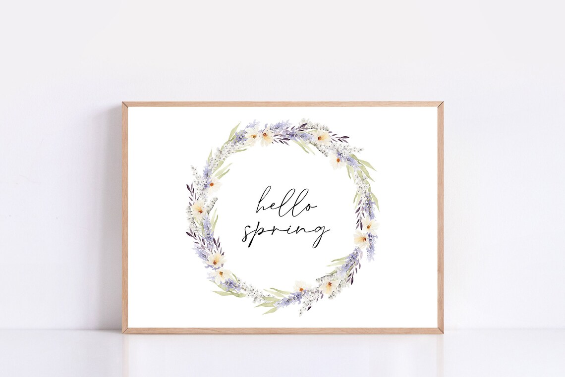 Hello Spring Lavender Floral Wreath Watercolor Farmhouse Wall Decor Print - Image 4