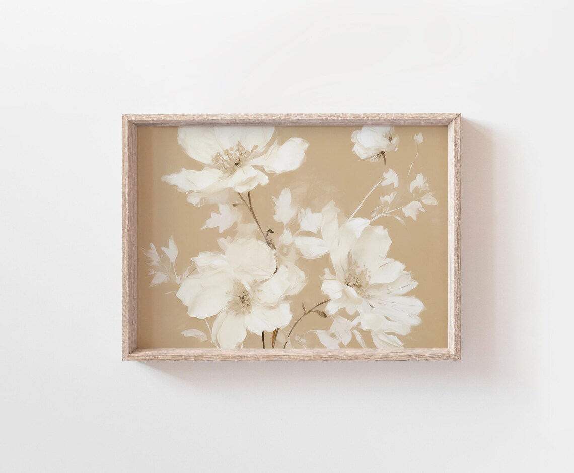 Cream White Flowers on Beige Neutral Floral Botanical Poster - Image 2