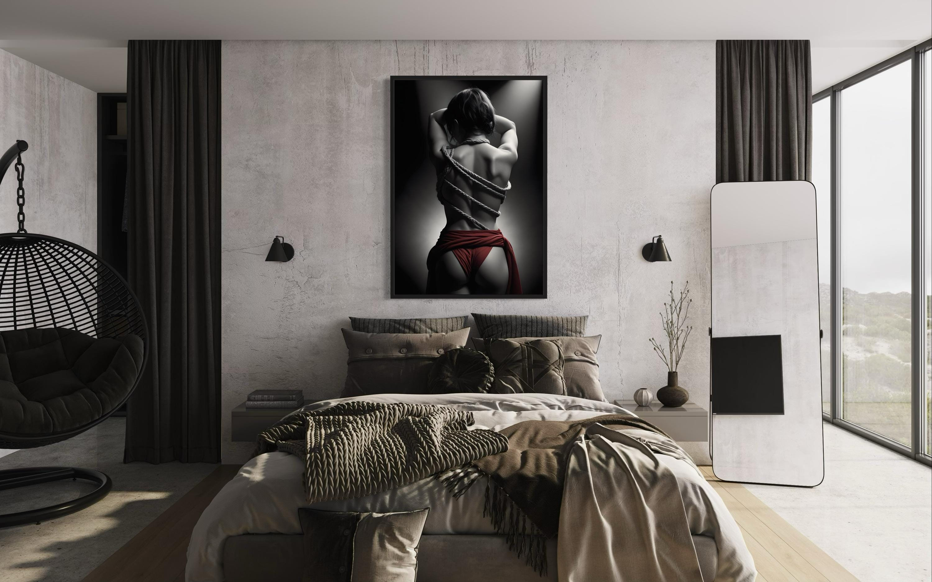 Black and White Boudoir Photography with Rope Detail and Red Accent Poster