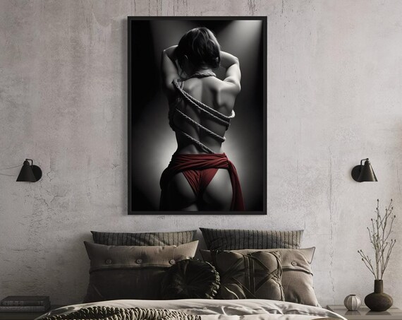 Black and White Boudoir Photography with Rope Detail and Red Accent Poster