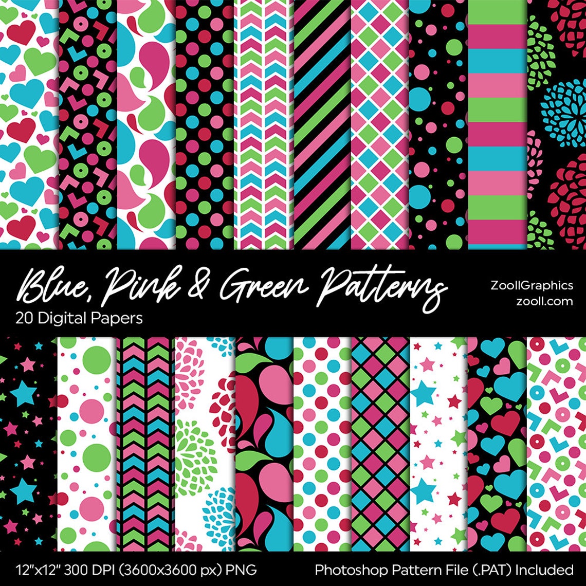 Blue Pink Green Patterns 20 Digital Papers Scrapbook Background Print
