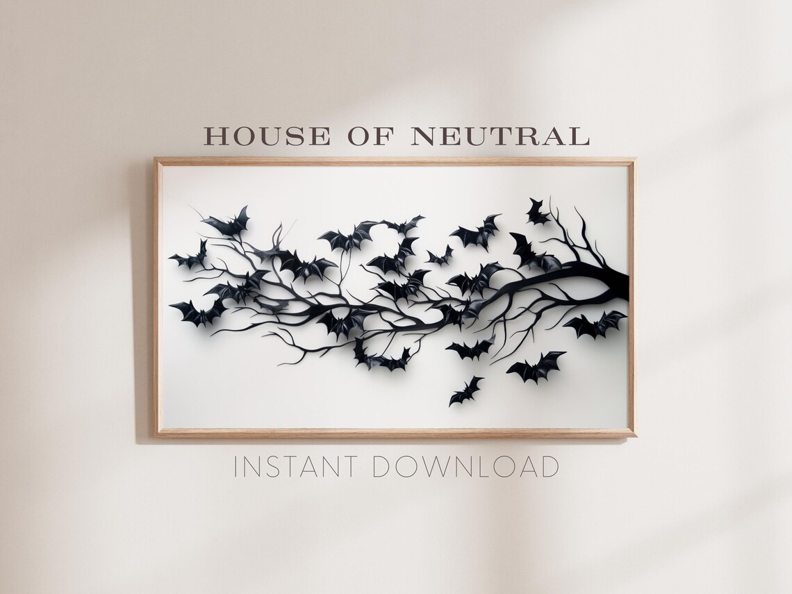 Paper Bats Swarming Bare Black Branch White Minimal Halloween Art Poster - Image 4
