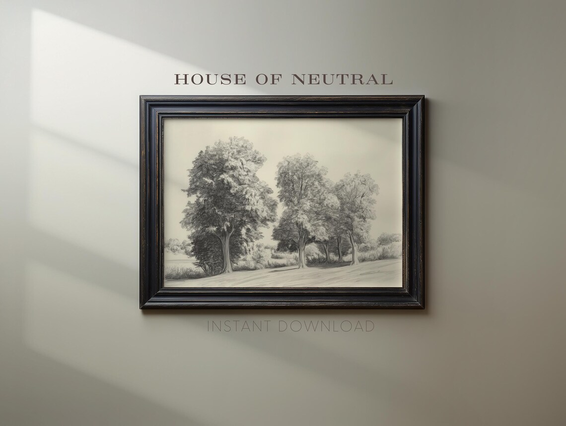 Vintage Pencil Sketch Art Of Tranquil Trees In Countryside Farmhouse Fine Art Wall Art P5 - Image 3
